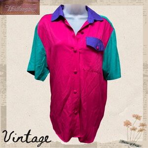 Vintage 80s/90s Colorblock Button-Up Shirt – Bright Pink, Teal & Purple (Size S)